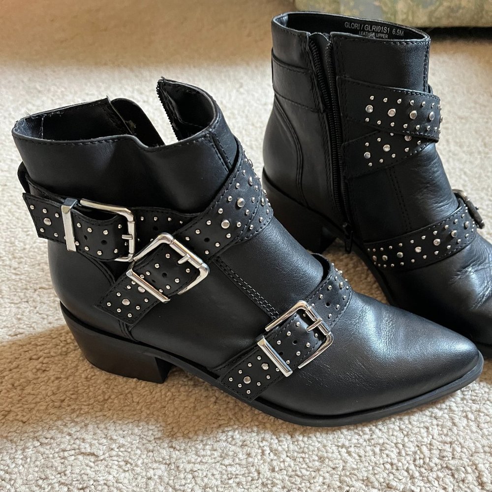 Black Studded Buckle Ankle Boots - Women's